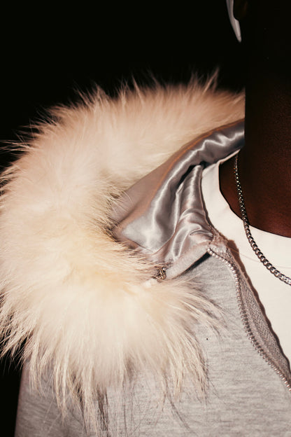 GREY SATIN FUR HOODIE