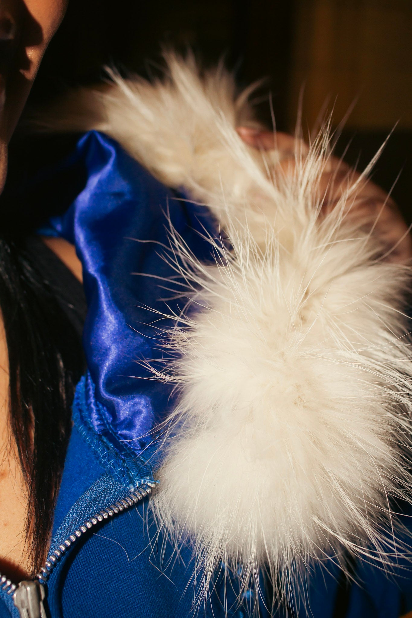 BLUE SATIN FUR HOODIE