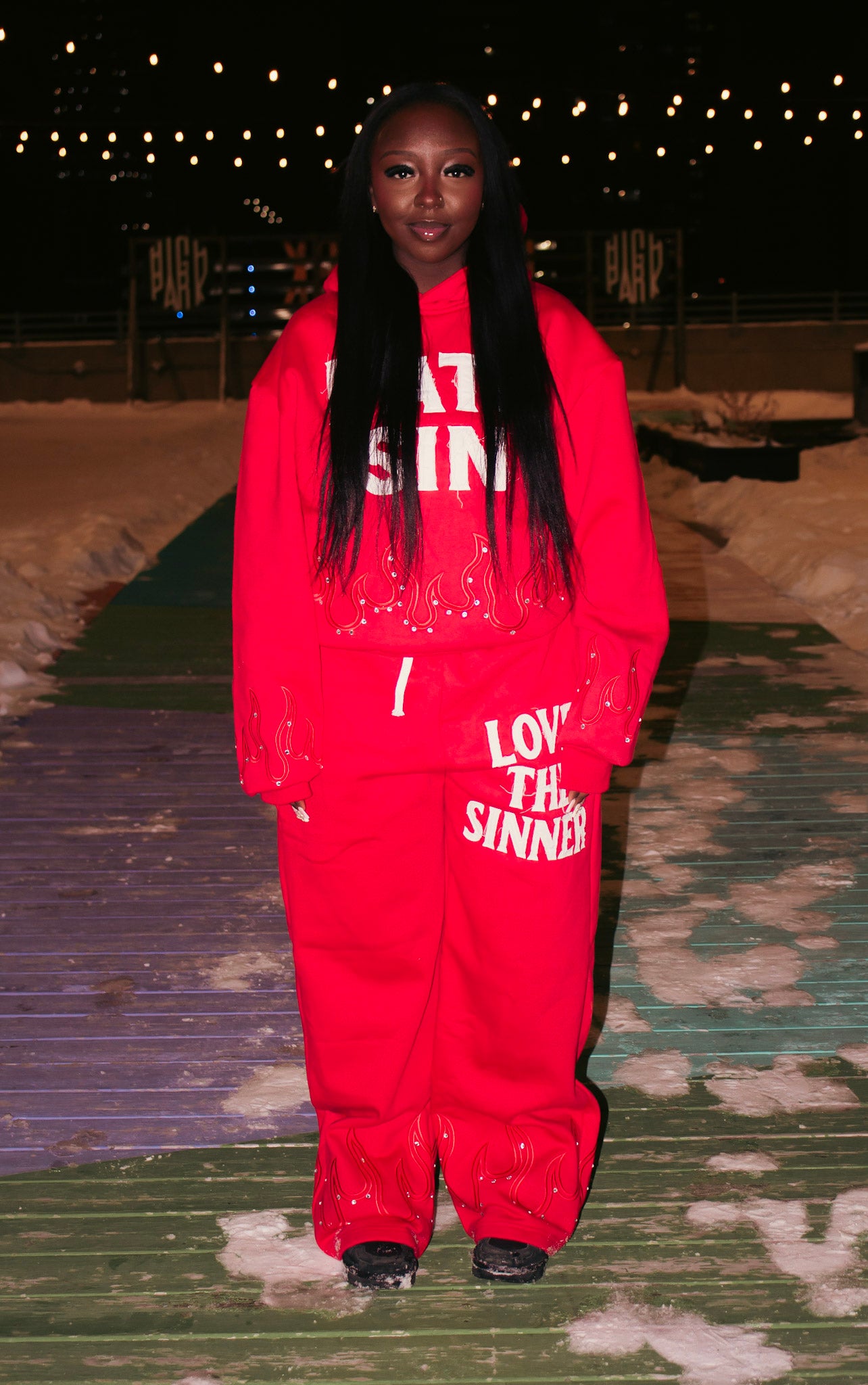 RED “LOVE THE SINNER” SWEATPANTS!