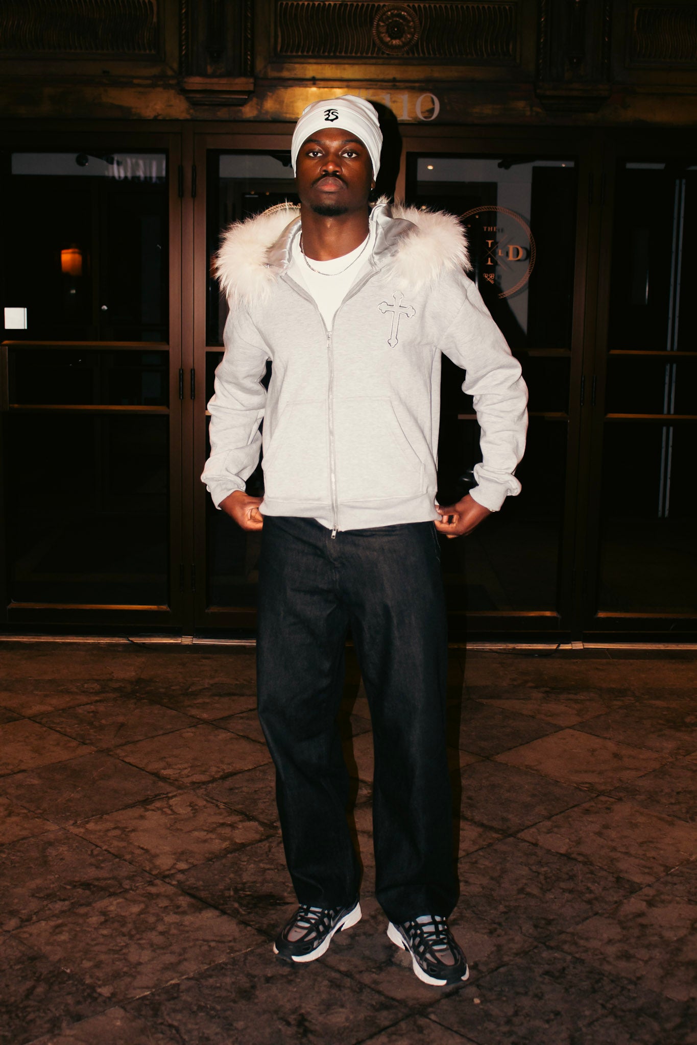 GREY SATIN FUR HOODIE