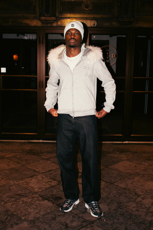 GREY SATIN FUR HOODIE