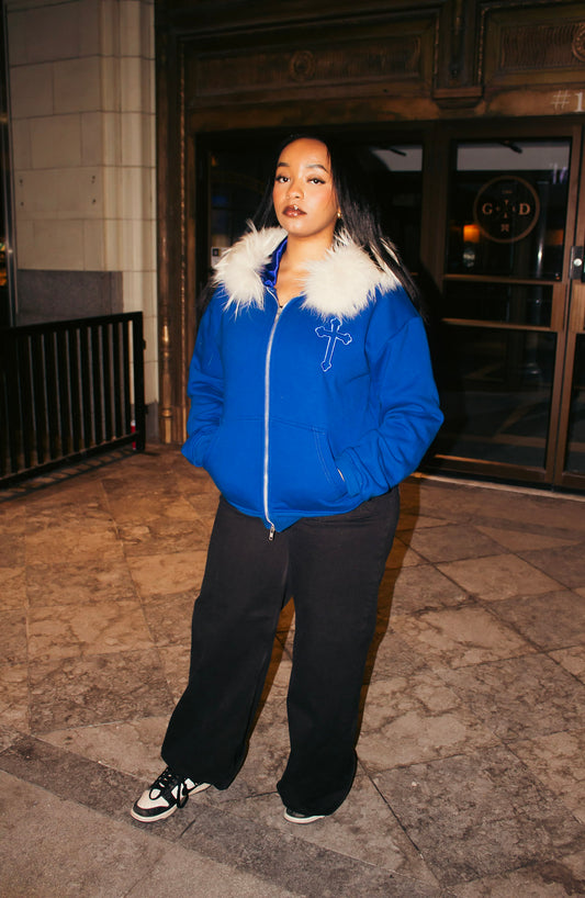 BLUE SATIN FUR HOODIE