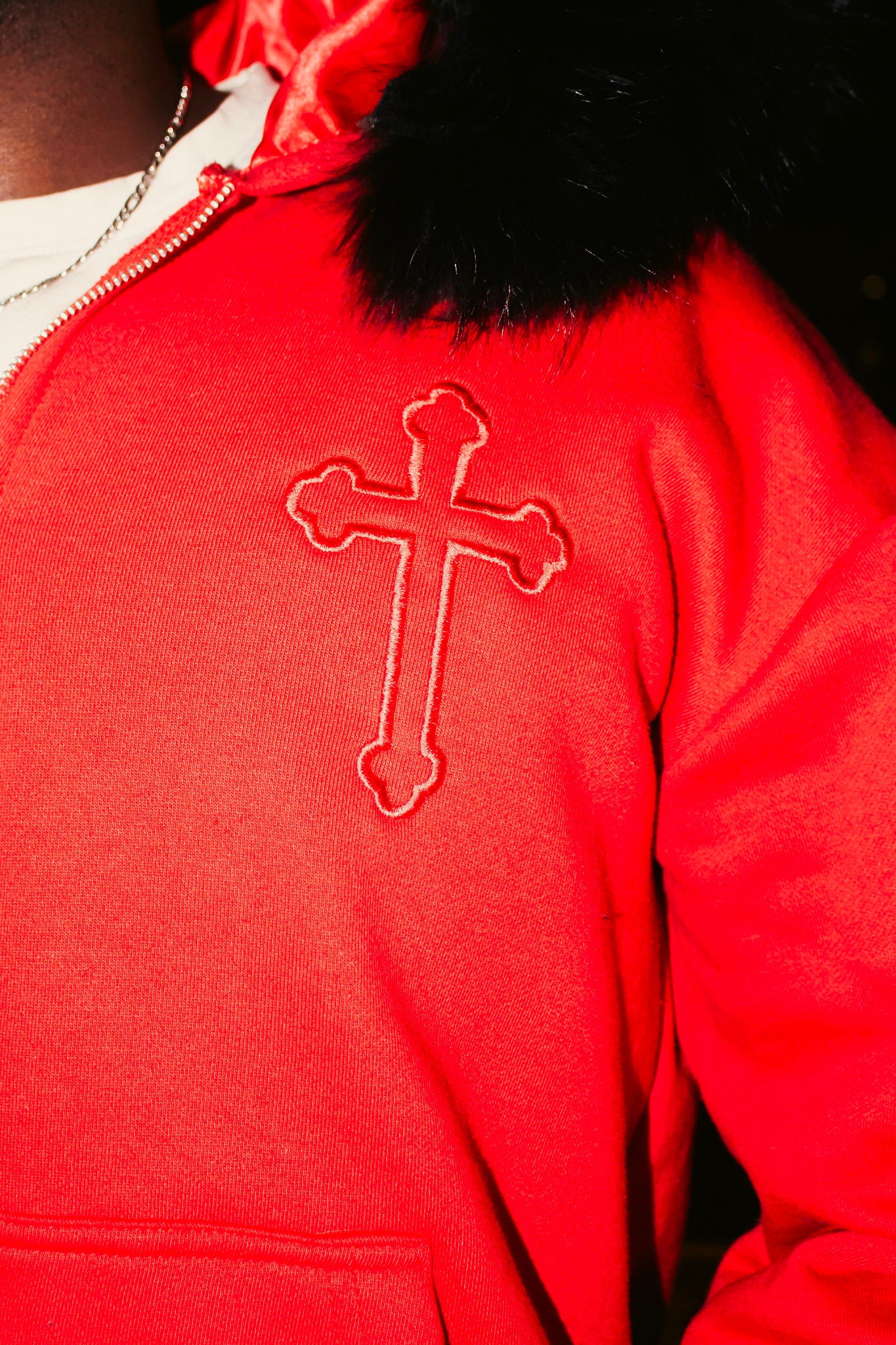 RED SATIN FUR HOODIE
