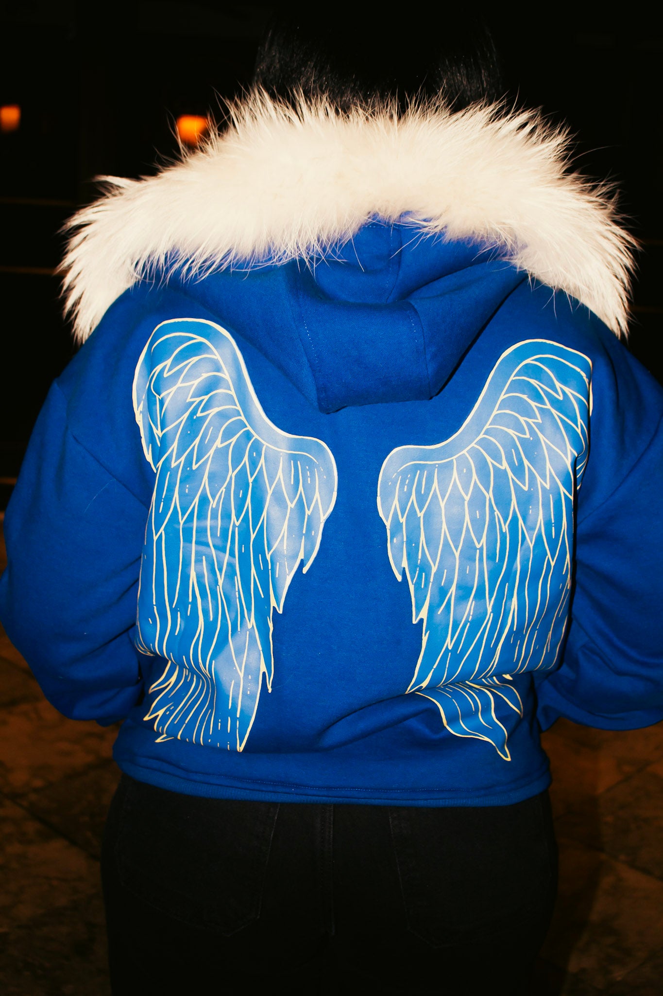 BLUE SATIN FUR HOODIE