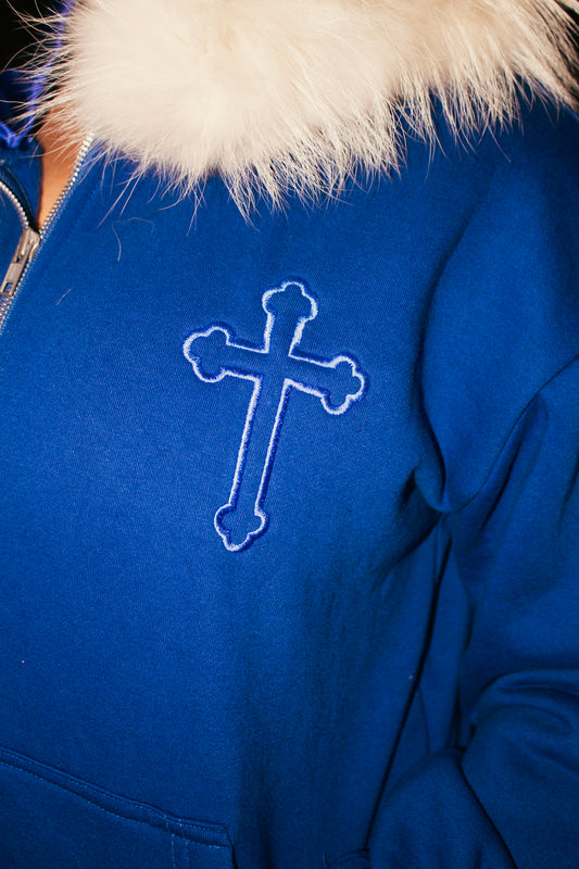 BLUE SATIN FUR HOODIE