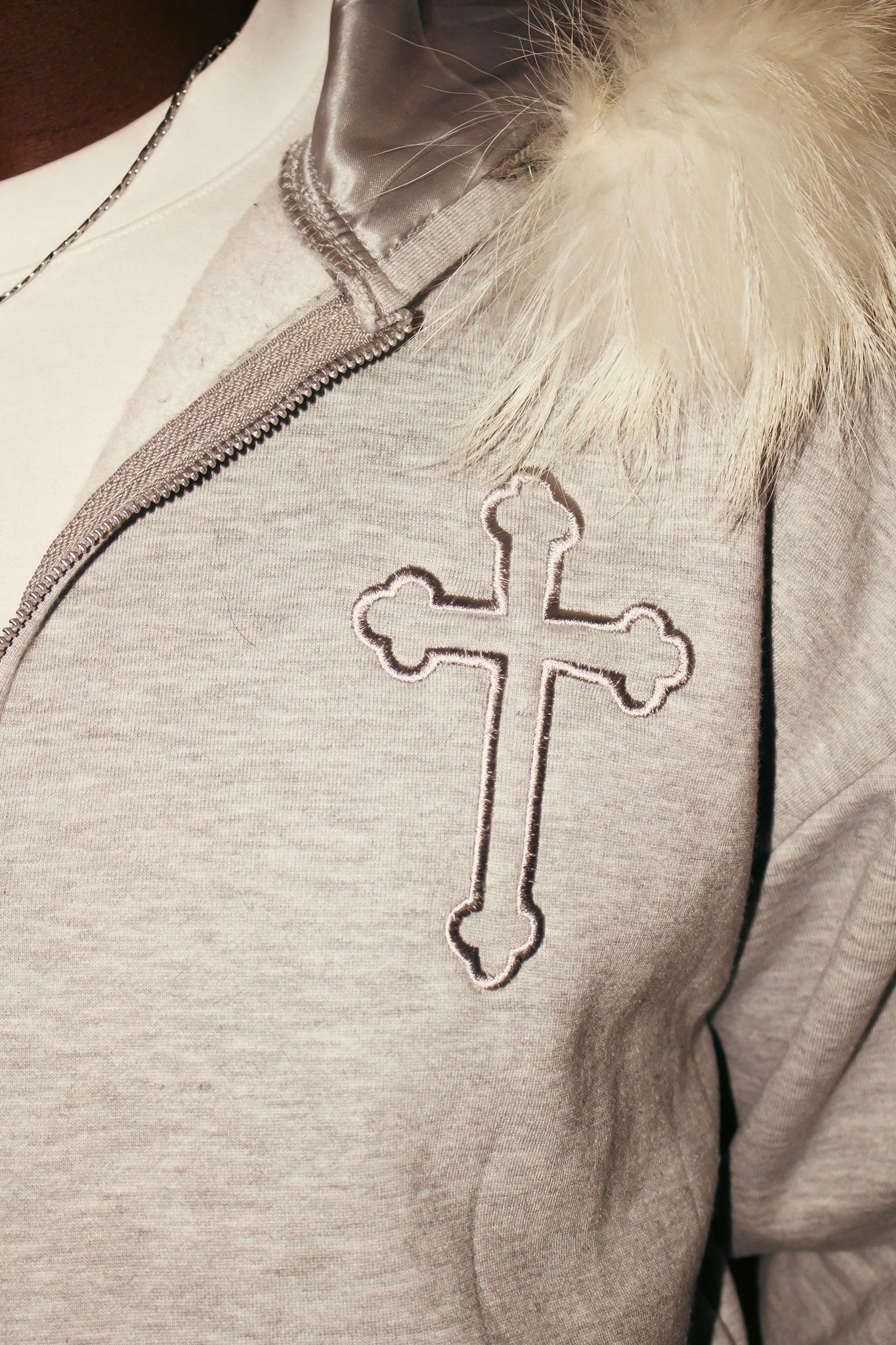 GREY SATIN FUR HOODIE