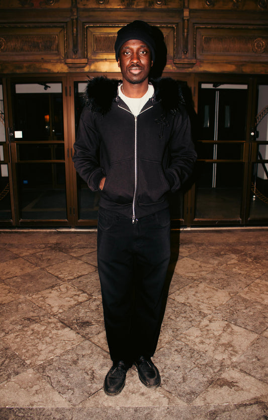 BLACK FUR SATIN HOODIE!