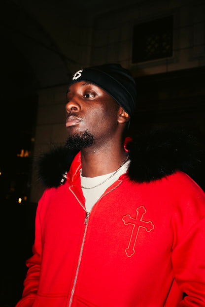 RED SATIN FUR HOODIE