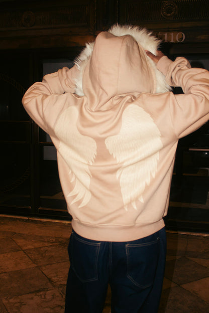 BEIGE SATIN FUR HOODIE