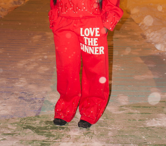 RED “LOVE THE SINNER” SWEATPANTS!