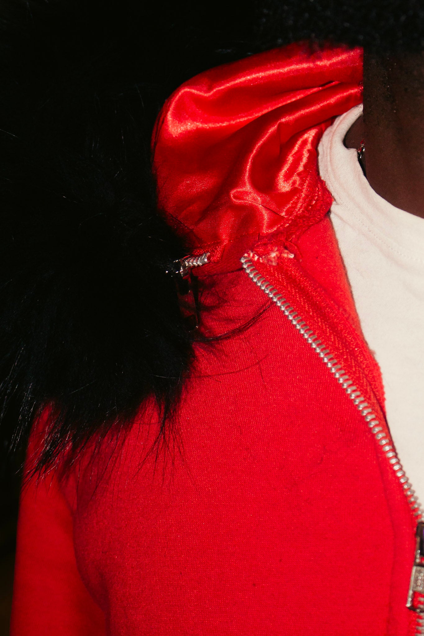 RED SATIN FUR HOODIE