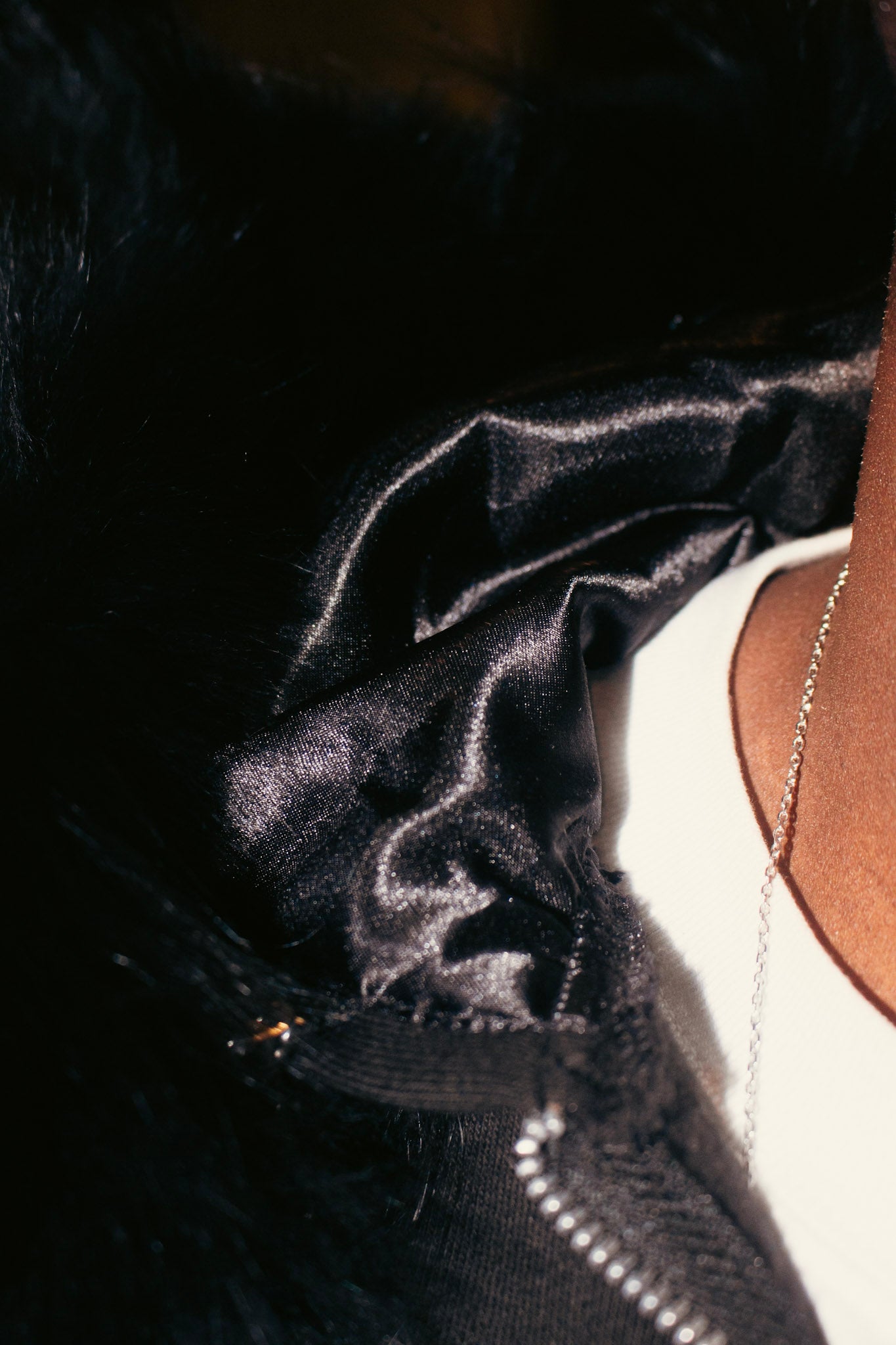 BLACK FUR SATIN HOODIE!