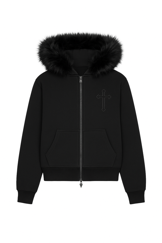 BLACK FUR SATIN HOODIE!