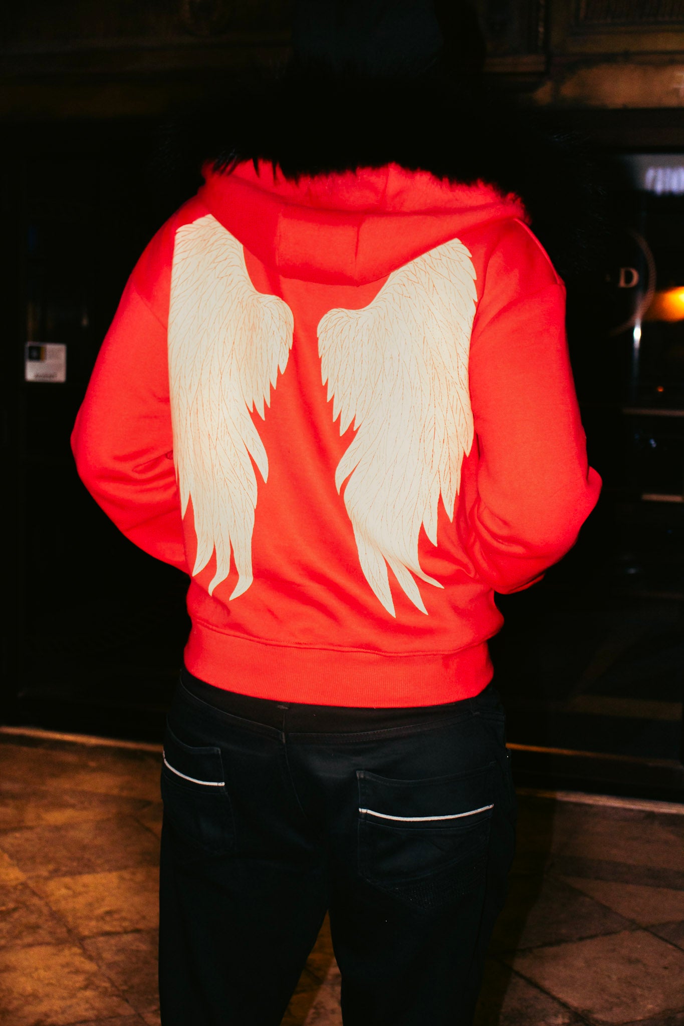 RED SATIN FUR HOODIE
