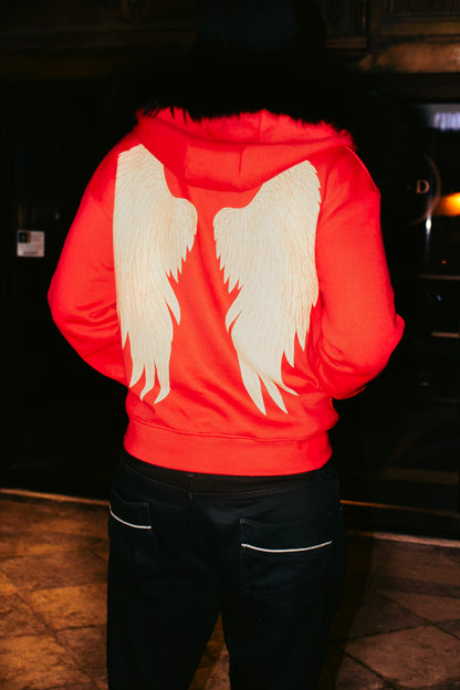 RED SATIN FUR HOODIE