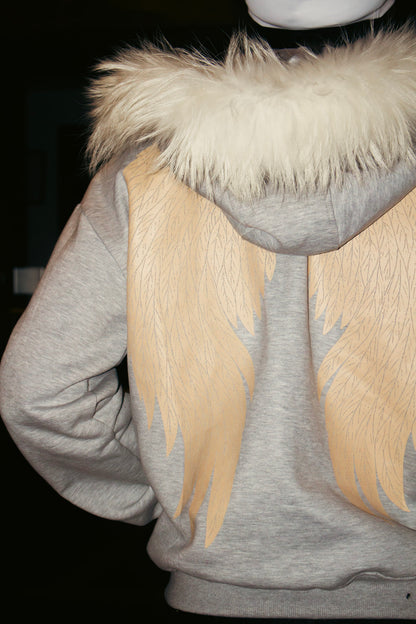 GREY SATIN FUR HOODIE
